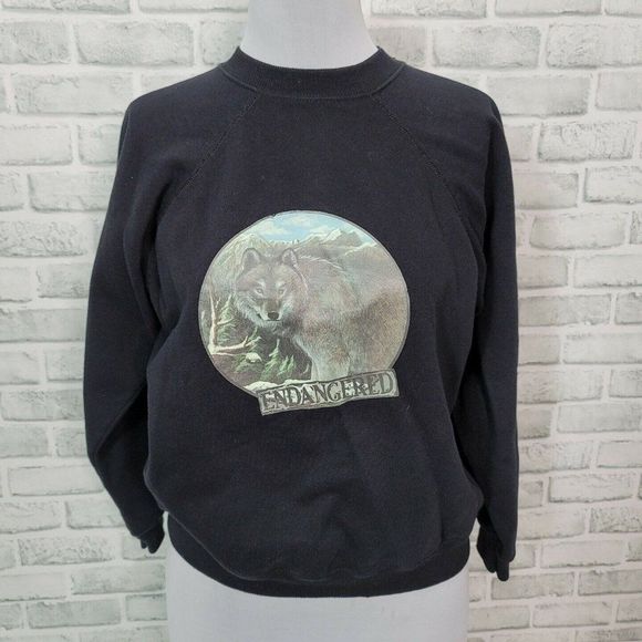 Vintage 90s Wildlife Wolf Endangered Species Sweatshirt Crew‎ Neck Pullover - Picture 1 of 7